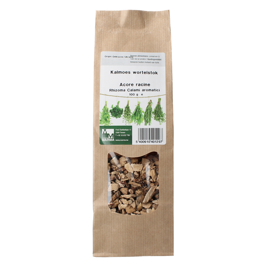Marma Kalmoes wortelstok 100g, dried turmeric root for cooking and spice blends, from Marma, in a clear packaging.