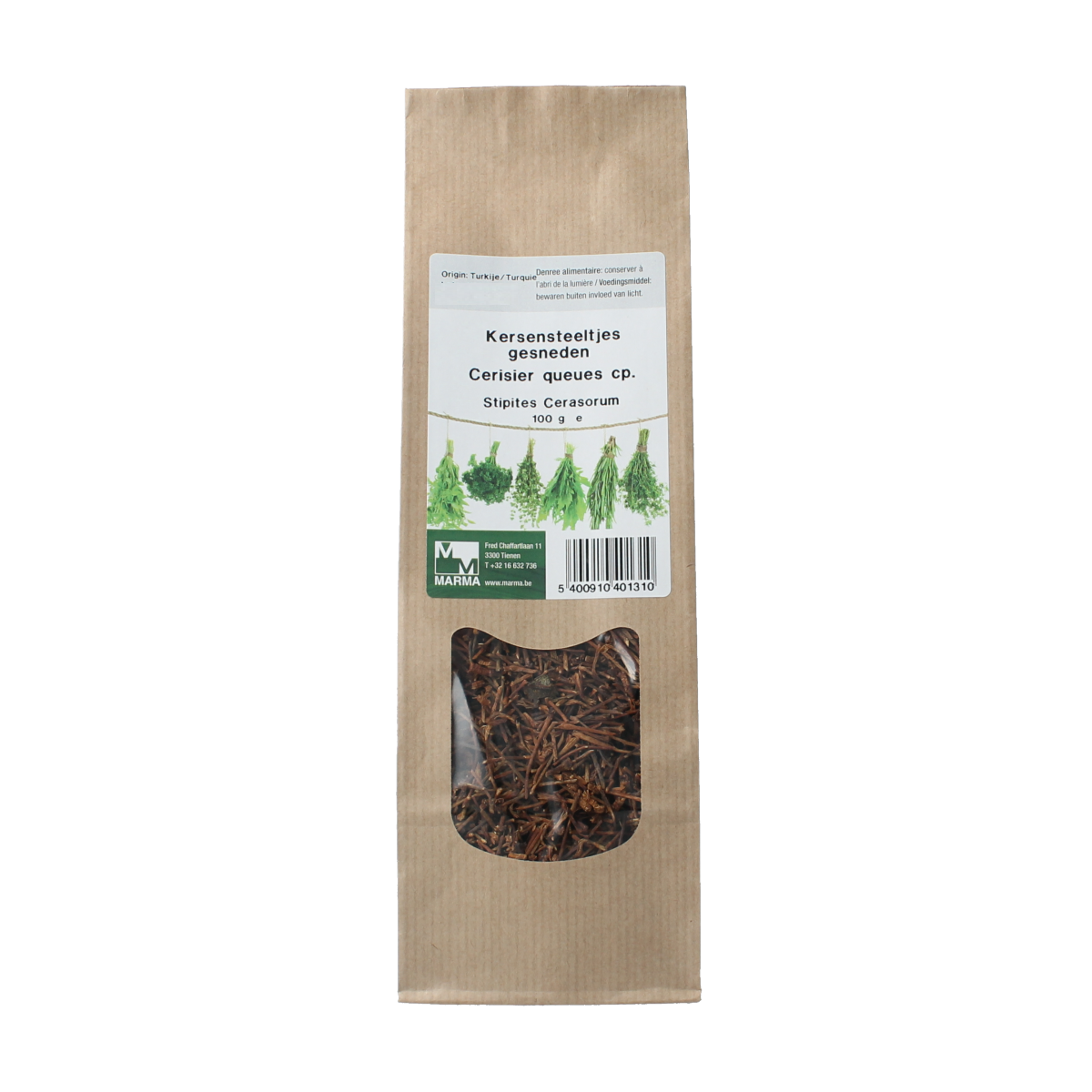 Sliced Marma Kersensteeltjes, 100 grams, a herbal ingredient for cooking, shown in the image.