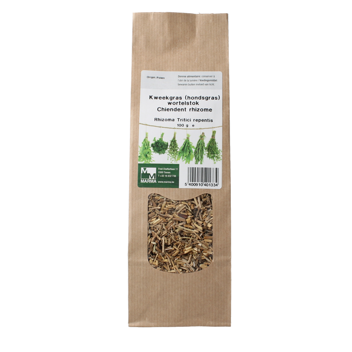 Marma Kweekgras hondengras wortelstok in 100g, fresh green herb for herbal remedies and natural pet care.