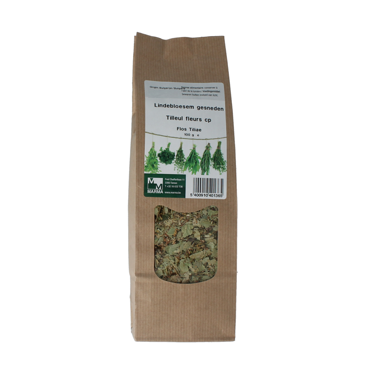 Sliced Lindebloesem herbal spice from Marma, 100 grams, natural dried flower pieces for culinary use.