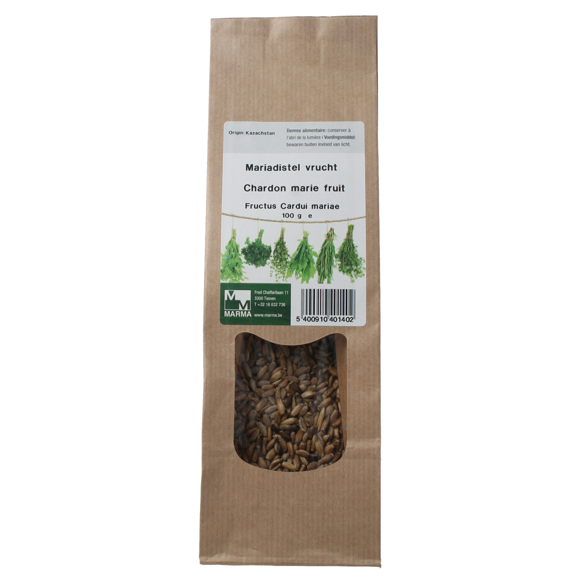 Marma Mariadistel vrucht 100g, dried milk thistle seeds for herbal remedies and health supplements.