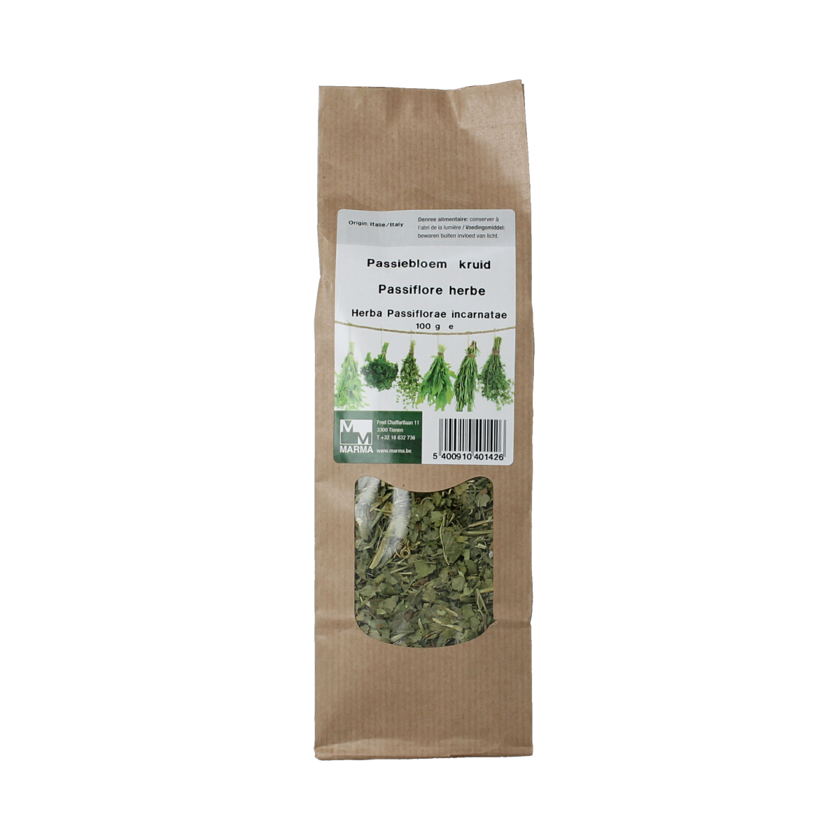 Marma Passiebloem kruid in 100g package, a herbal spice used in cooking and seasoning, natural and fresh appearance.