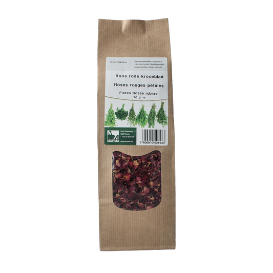 Marma Roos rode kroonblad, 70g, kruiden en maaltijdmix, close-up of vibrant red dried flower leaves