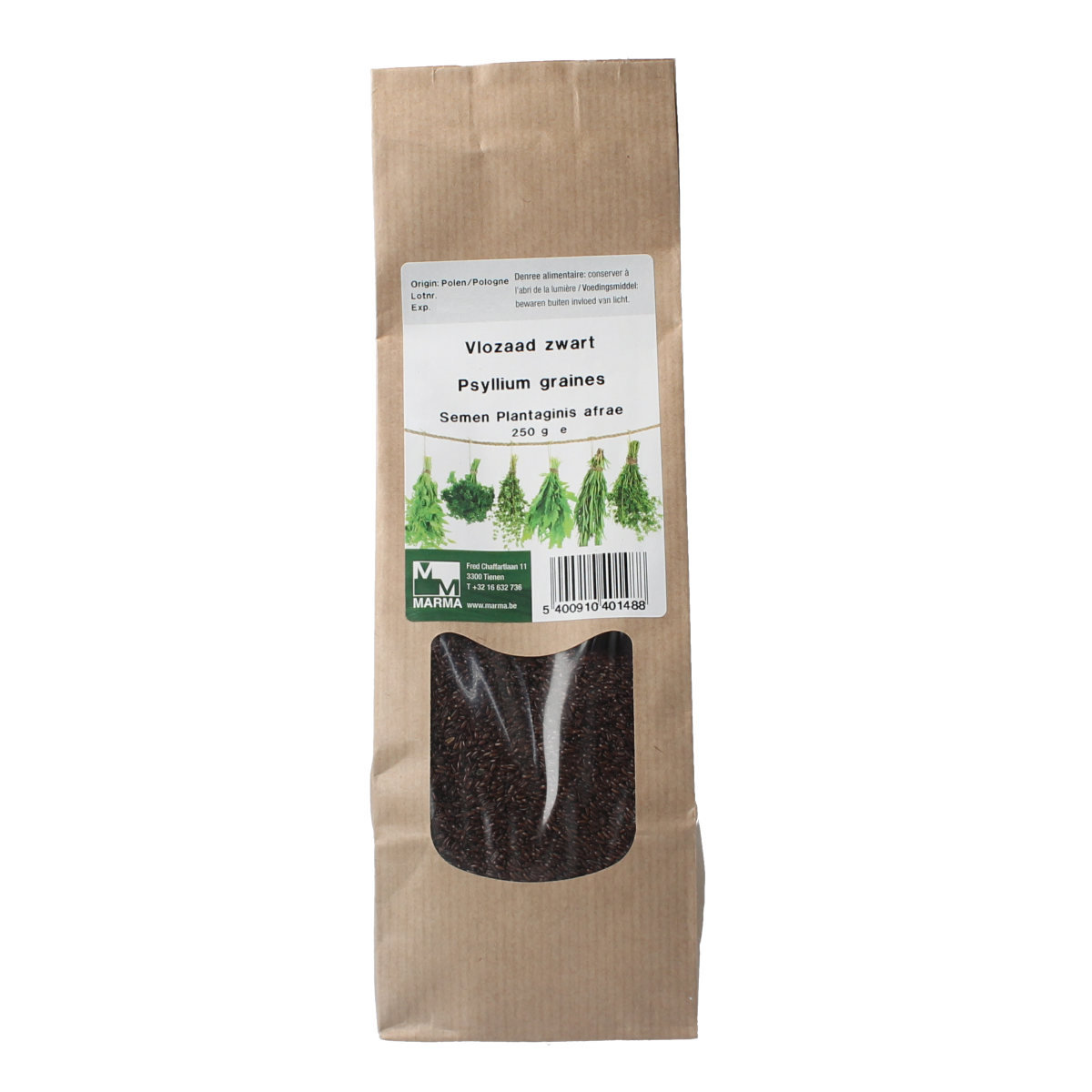 Marma Vlozaad zwart 250g, black herbal salt blend, in a clear container with herbs and spices visible.
