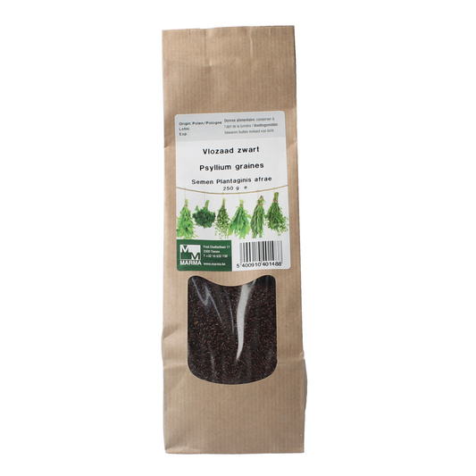 Marma Vlozaad zwart 250g, black herbal salt blend, in a clear container with herbs and spices visible.