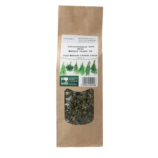 Sliced lemon balm herb from Marma, 70 grams, in a clear container, showcasing fresh green leaves for herbal seasoning.
