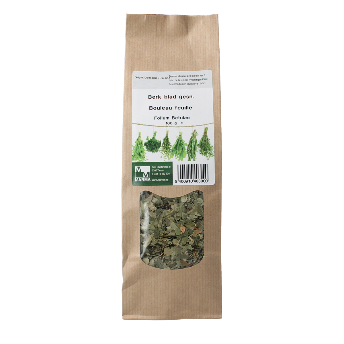 Sliced Marma Berkenblad herbs in 100g package, fresh green herbal leaves for cooking and seasoning.