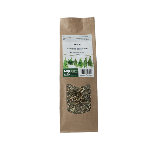 Marma Bijvoetkruid 100g, herbal salt and seasoning from Marma, displayed in a clear bag with fresh green herbs.