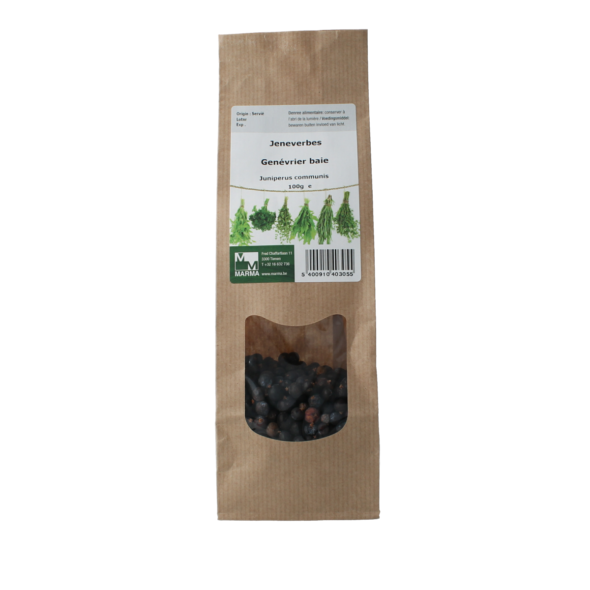 Marma Jeneverbes, 100g, herbal spice in a clear container, part of Marma's kruiden, zouten en maaltijdmixen product line.