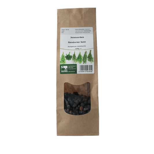 Marma Jeneverbes, 100g, herbal spice in a clear container, part of Marma's kruiden, zouten en maaltijdmixen product line.