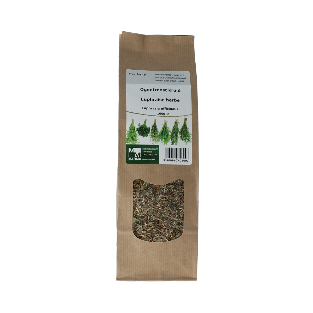 Marma Ogentroost kruid in 100g package, natural herbal seasoning from Marma, used in cooking and traditional remedies.