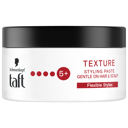 Taft Texture Fibre Paste 100ml for hair styling, with a natural, textured look and flexible hold in a clear jar.