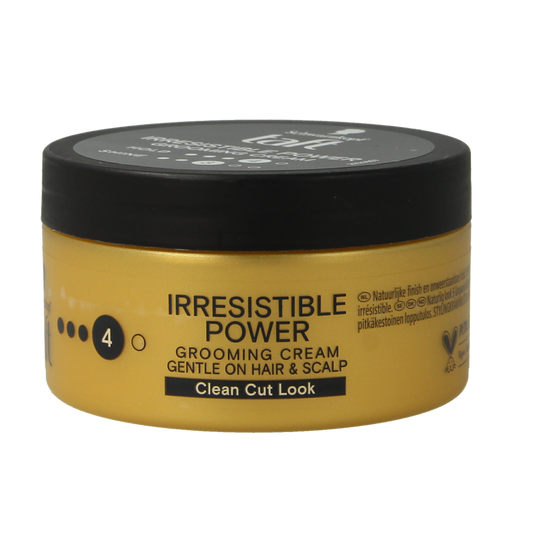 Taft Irresistible Power Grooming Cream for hair styling, 100ml bottle, with a sleek black and silver packaging.