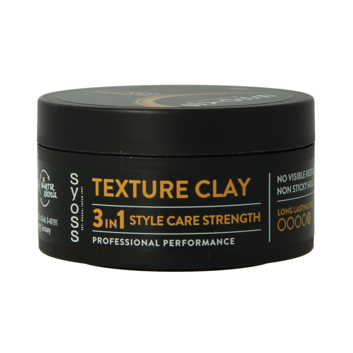 Syoss Texture Clay in 100ml jar, hair styling product with a matte finish and textured hold, shown in a clear container.