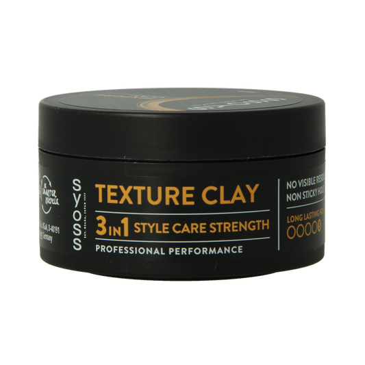 Syoss Texture Clay in 100ml jar, hair styling product with a matte finish and textured hold, shown in a clear container.