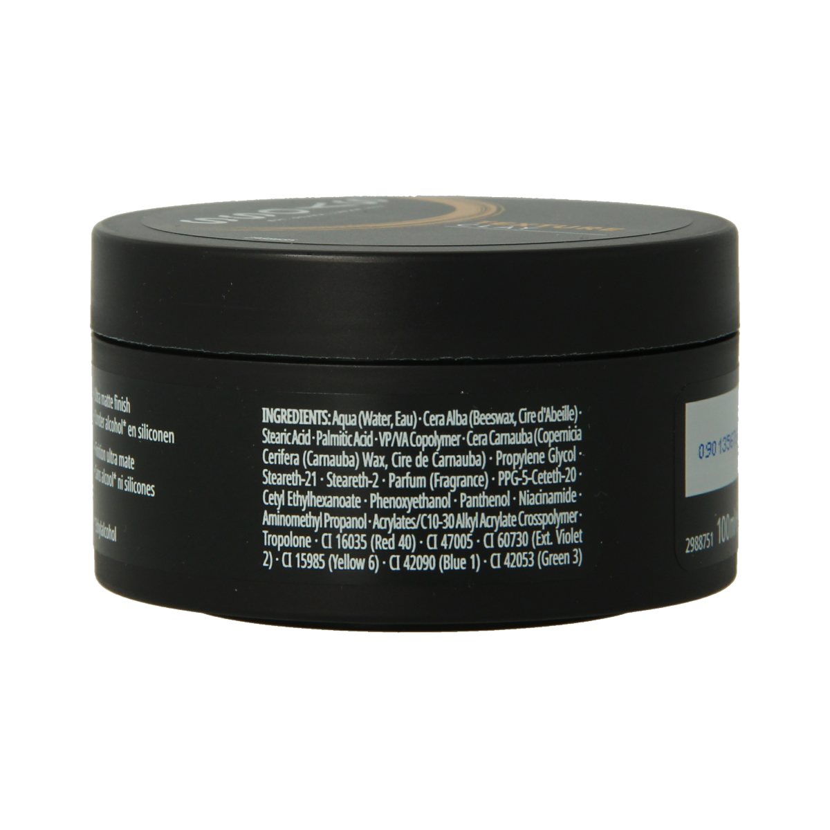 Syoss Texture Clay in 100ml jar, hair styling product with a matte finish, shown with the jar and product packaging.