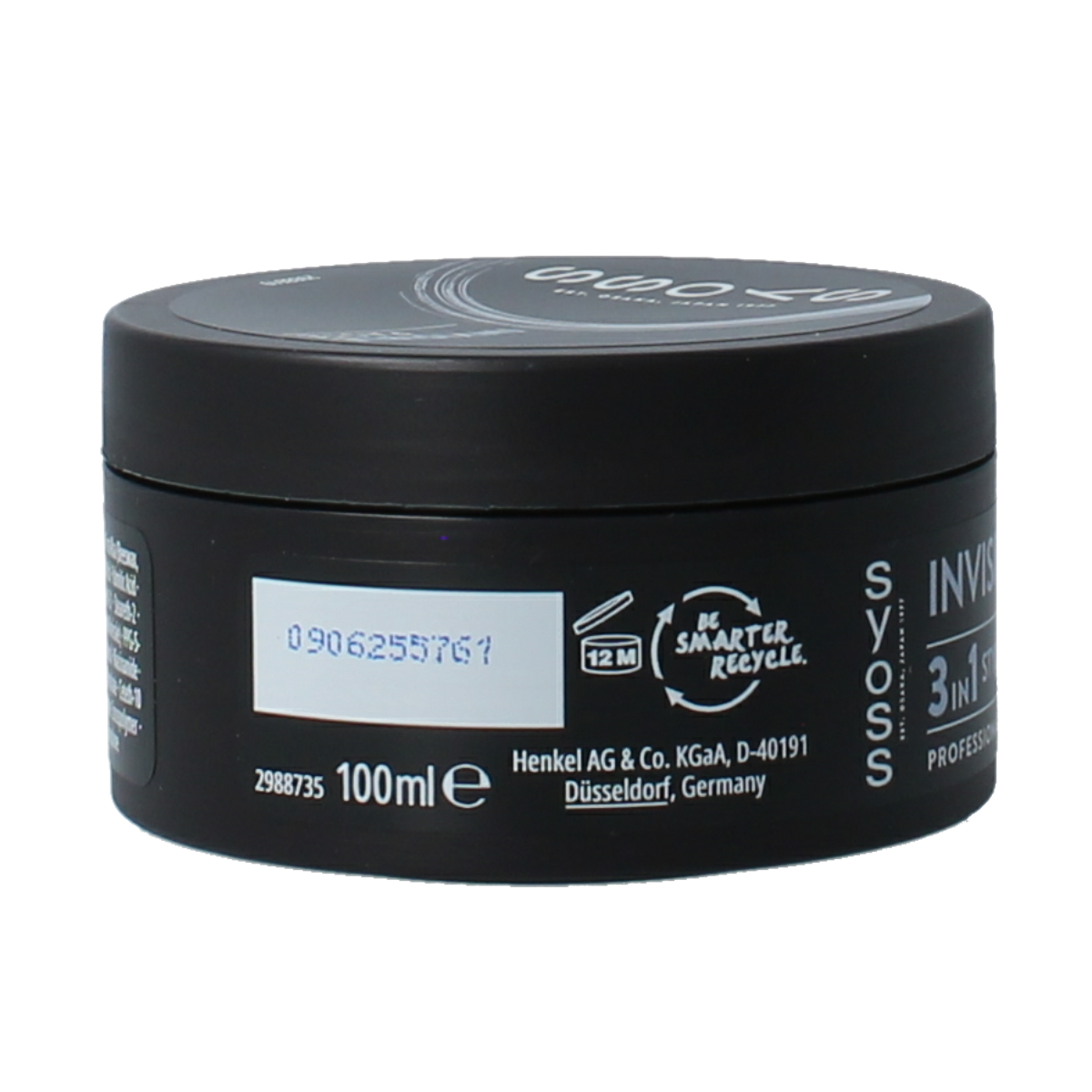 Syoss Styling Invisible Hold Paste in 100ml container, shown with the hair styling product and packaging details.