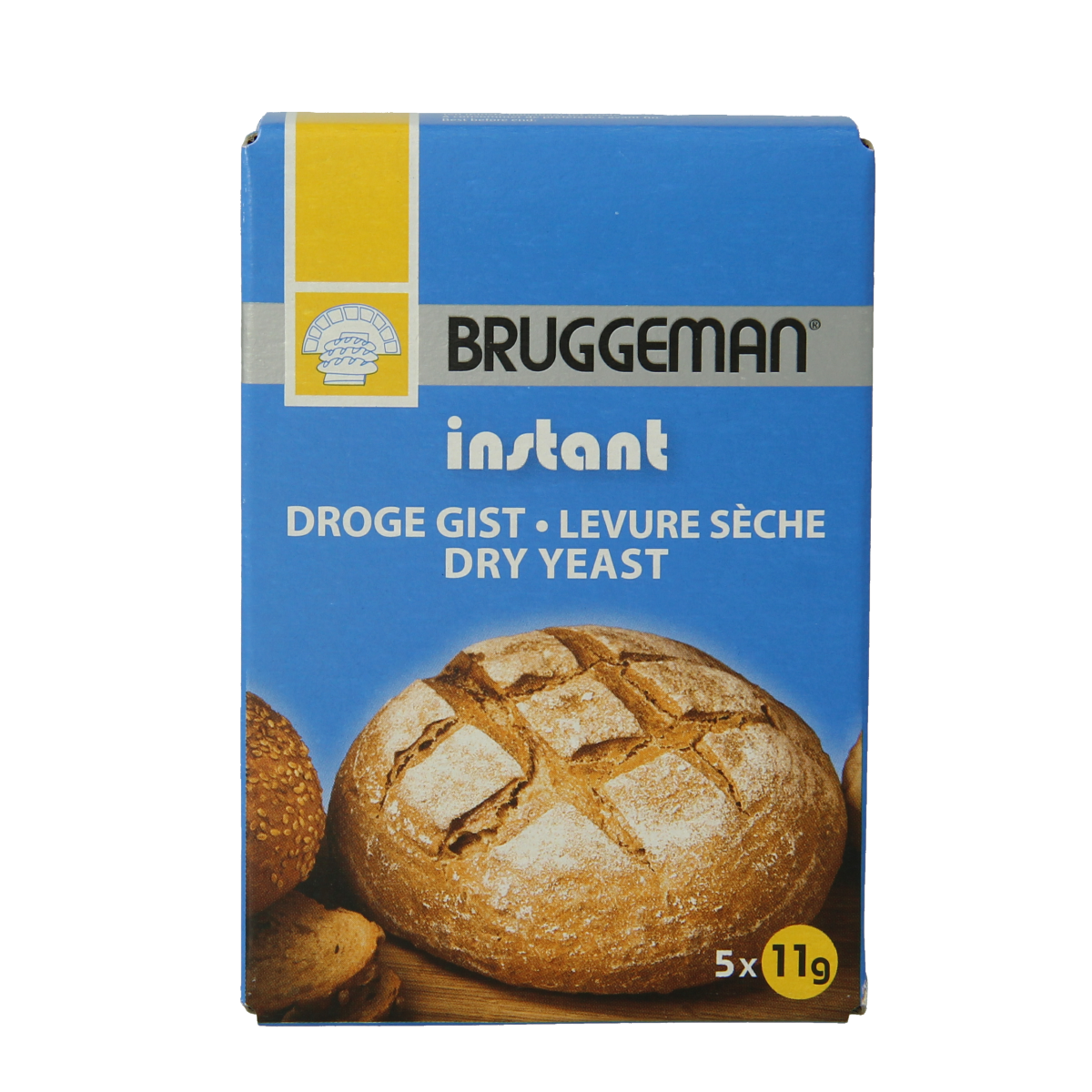 Bruggeman instant gist mix in 5 packs of 11 grams each, ideal for baking and cooking, shown in the product image.