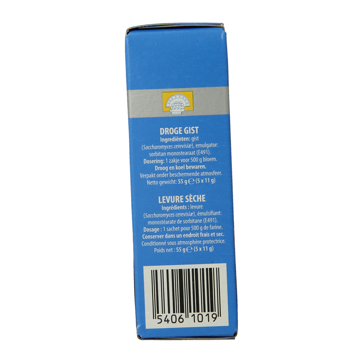 Bruggeman instant gist bakmixen in 5 x 11 gram packets, quick yeast mix for baking, shown in the image.