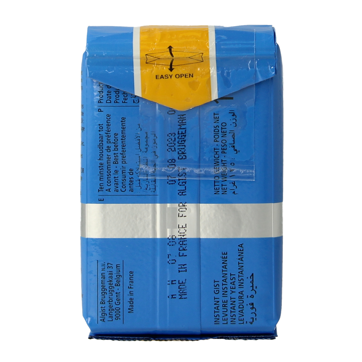 Bruggeman Instant Gist bakmixen in 125g packet, showing the flour mixture with ingredients and packaging.