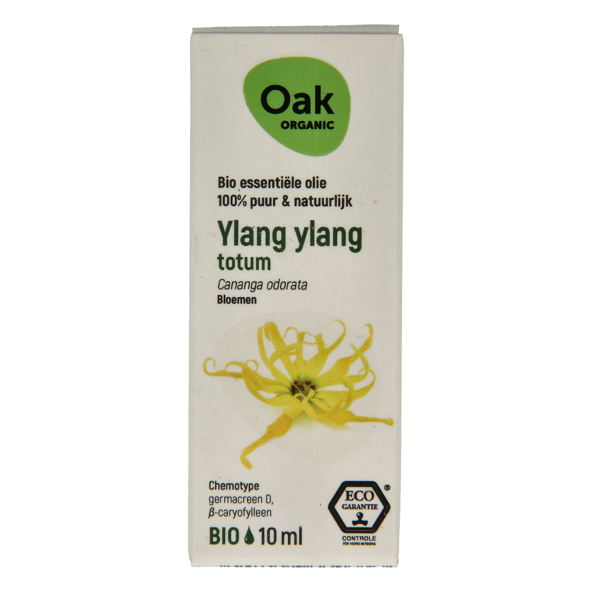 Bottle of Oak Ylang Ylang bio essential oil in a 10ml amber glass container with a white label and black cap.