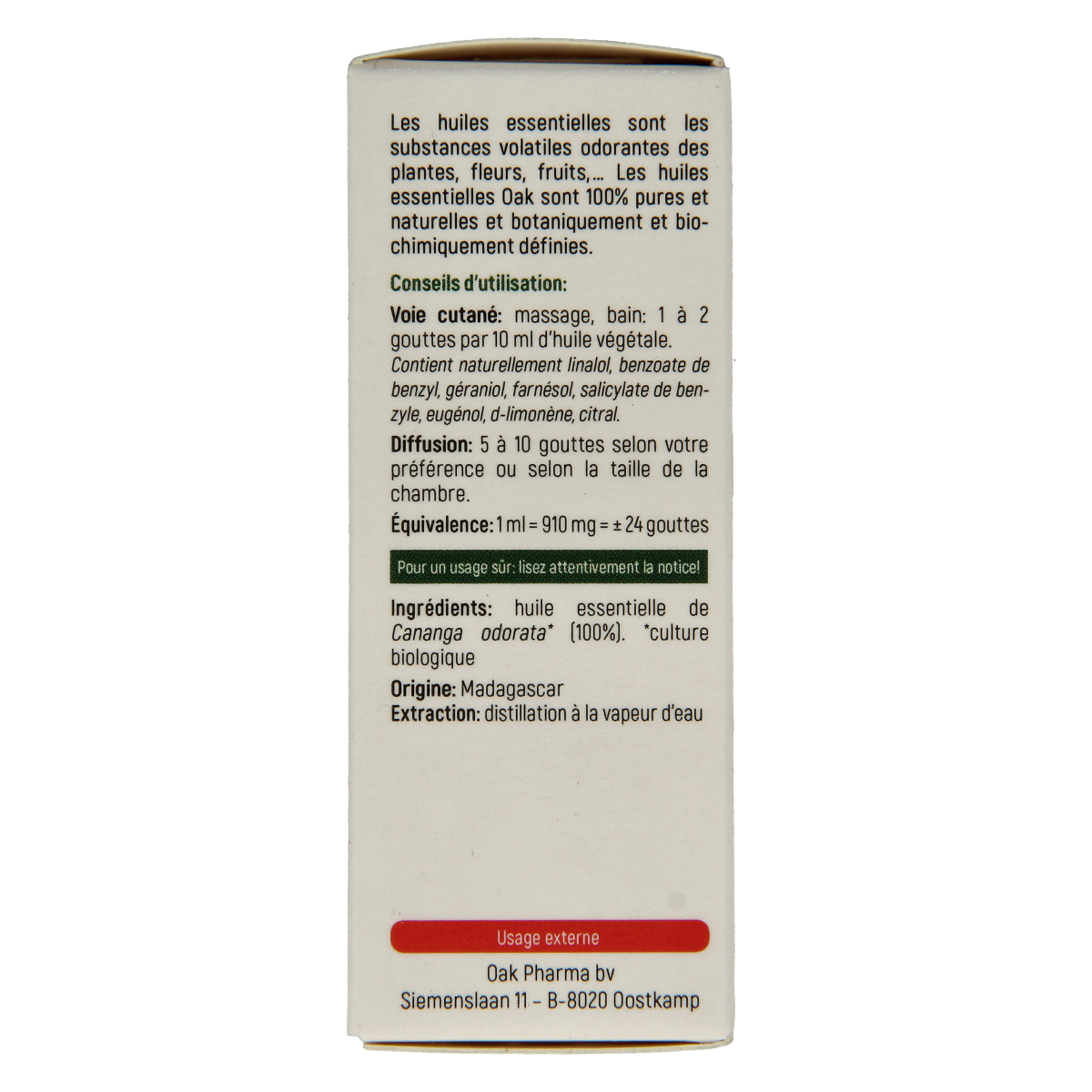 Oak Ylang Ylang bio essential oil bottle with dropper cap, 10ml, featuring a dark amber glass container and label.