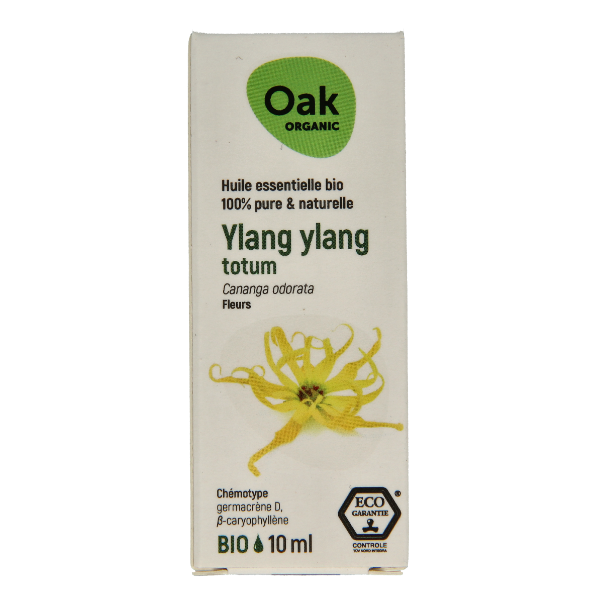 Bottle of Oak Ylang Ylang Bio essential oil in a 10ml glass container, with a white label and black cap.
