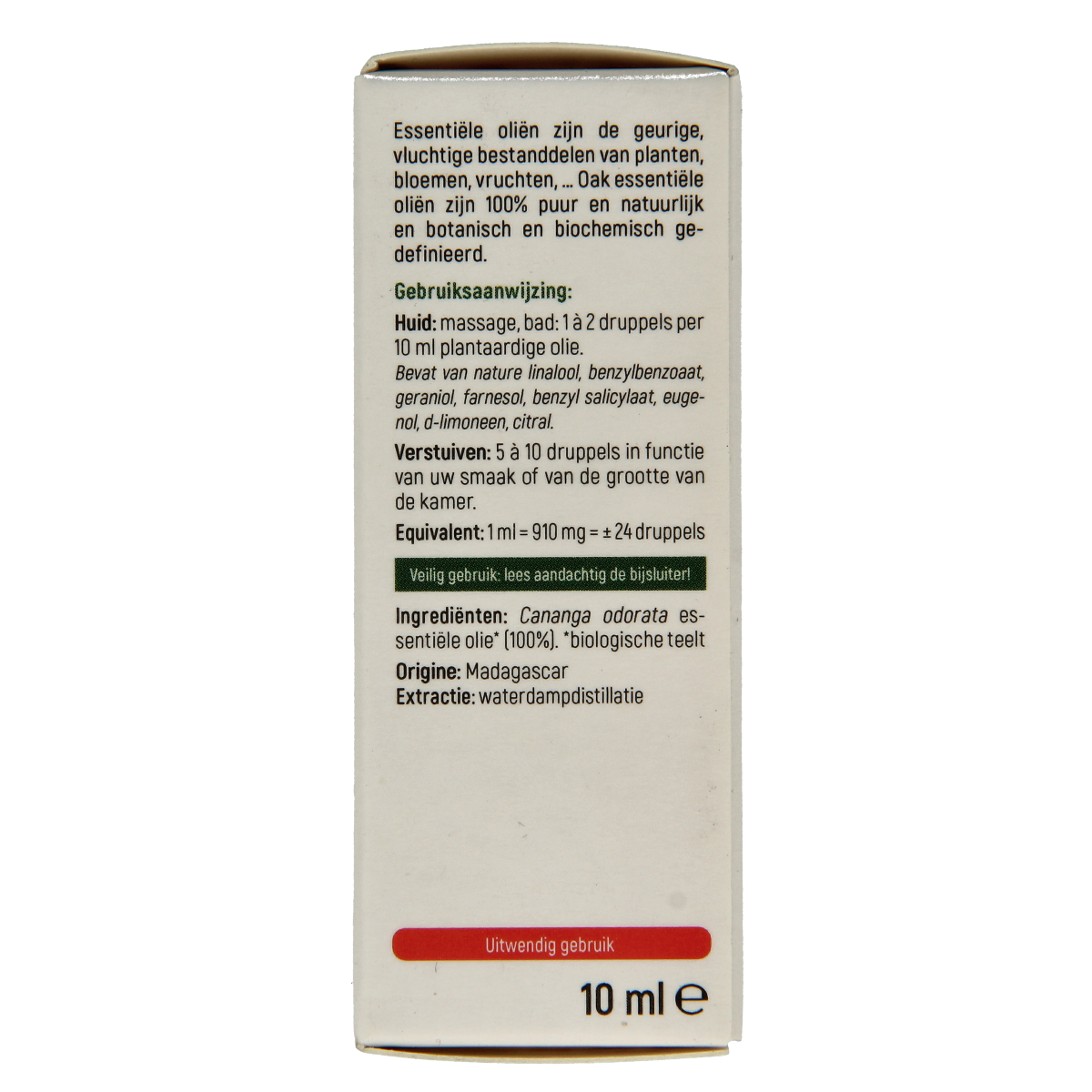 Amber glass bottle of Oak Ylang Ylang bio essential oil with a white label, 10ml, on a neutral background.