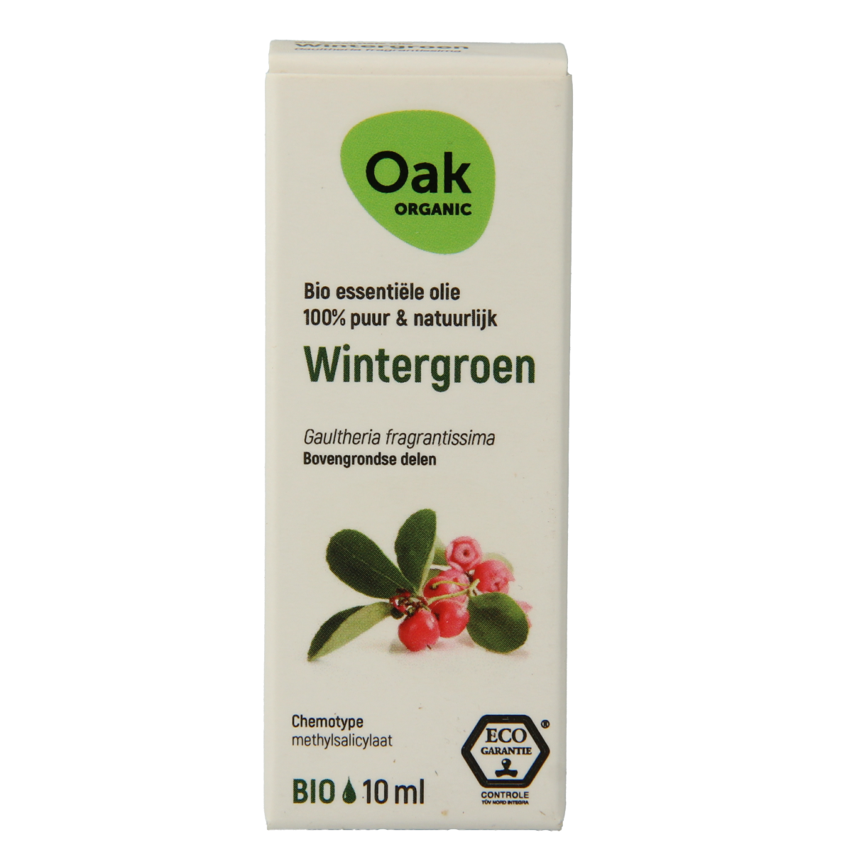 Oak Wintergroen bio essential oil bottle, 10ml, natural etherische olie with a dark glass container and white label.