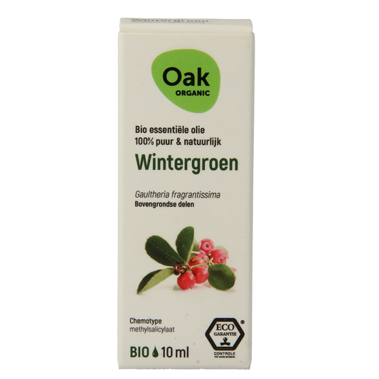 Oak Wintergroen bio essential oil bottle, 10ml, natural etherische olie with a dark glass container and white label.