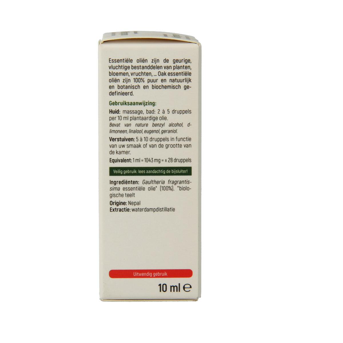 Oak Wintergroen bio essential oil bottle, 10ml, with a dark amber glass container and label displaying product details.