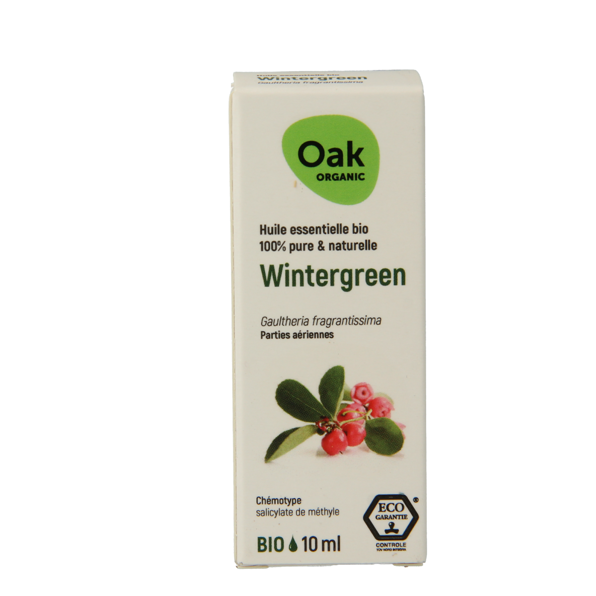 Oak Wintergroen bio essential oil in 10ml bottle, showing a dark amber glass container with a white label and black cap.