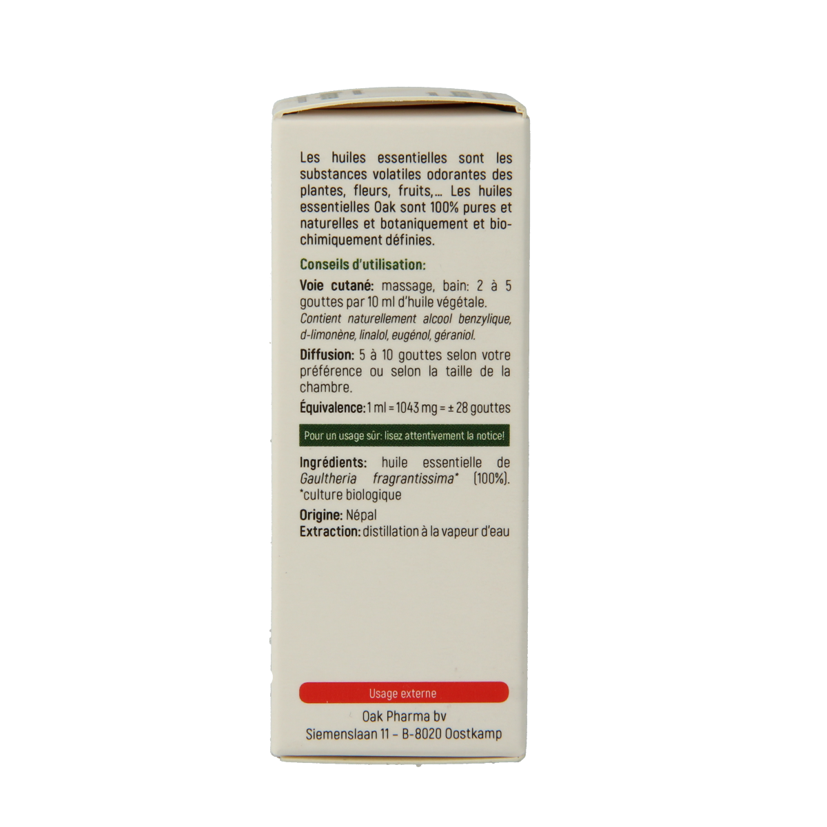Oak Wintergroen bio essential oil bottle, 10ml, with dark amber glass and white label showing product details.