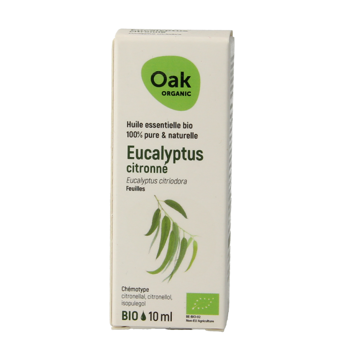 Oak Citroeneucalyptus bio essential oil in a 10ml bottle, showcasing the amber glass container with a white cap.
