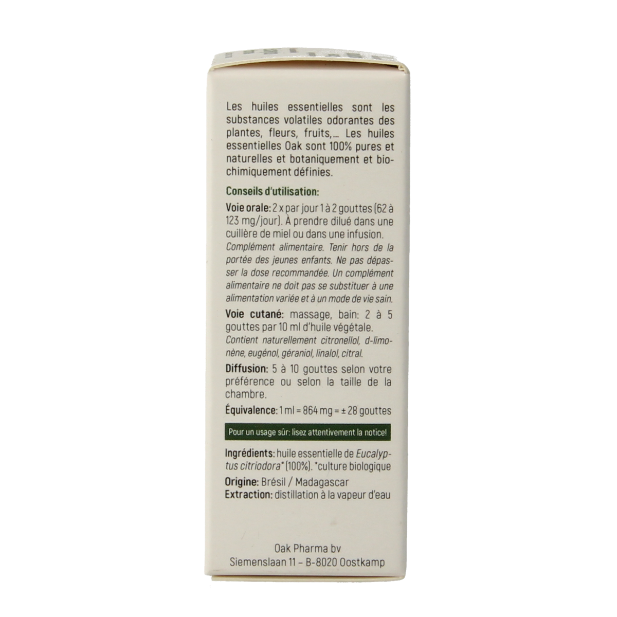 Oak Citroeneucalyptus organic essential oil in a 10ml bottle, showcasing the label and amber glass container.