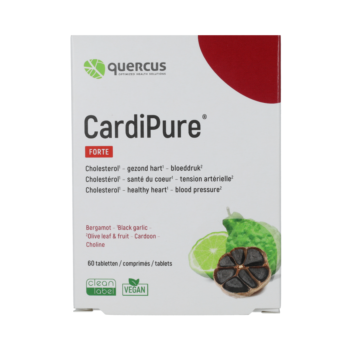 Quercus CardiPure herbal supplement tablets in a bottle, part of Quercus kruidenpreparaten line, shown in the image.