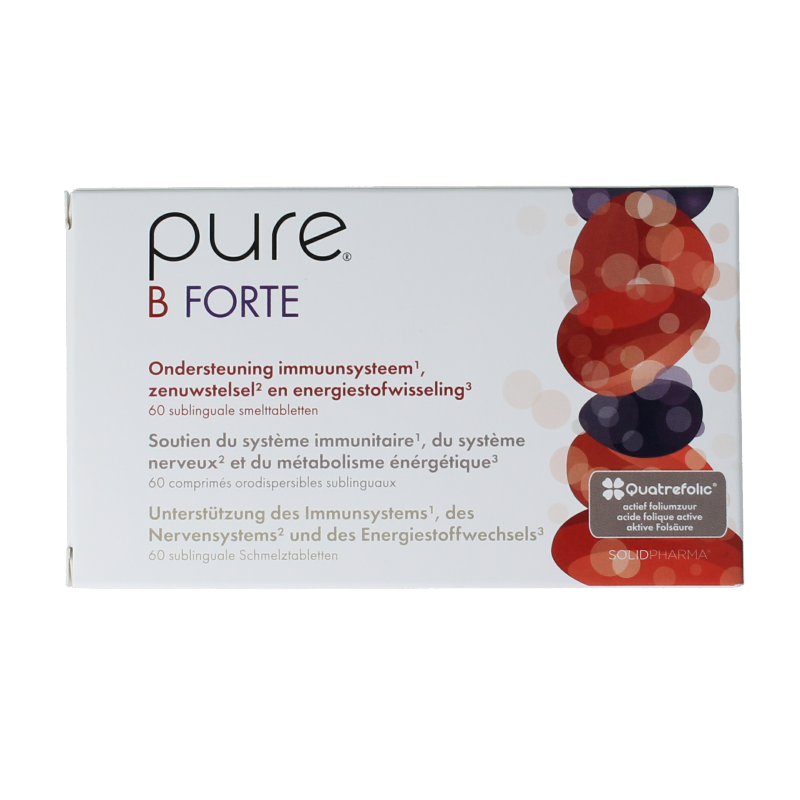 Pure B Forte vitamin supplement in a bottle of 60 tablets, featuring colorful tablets and the product label.