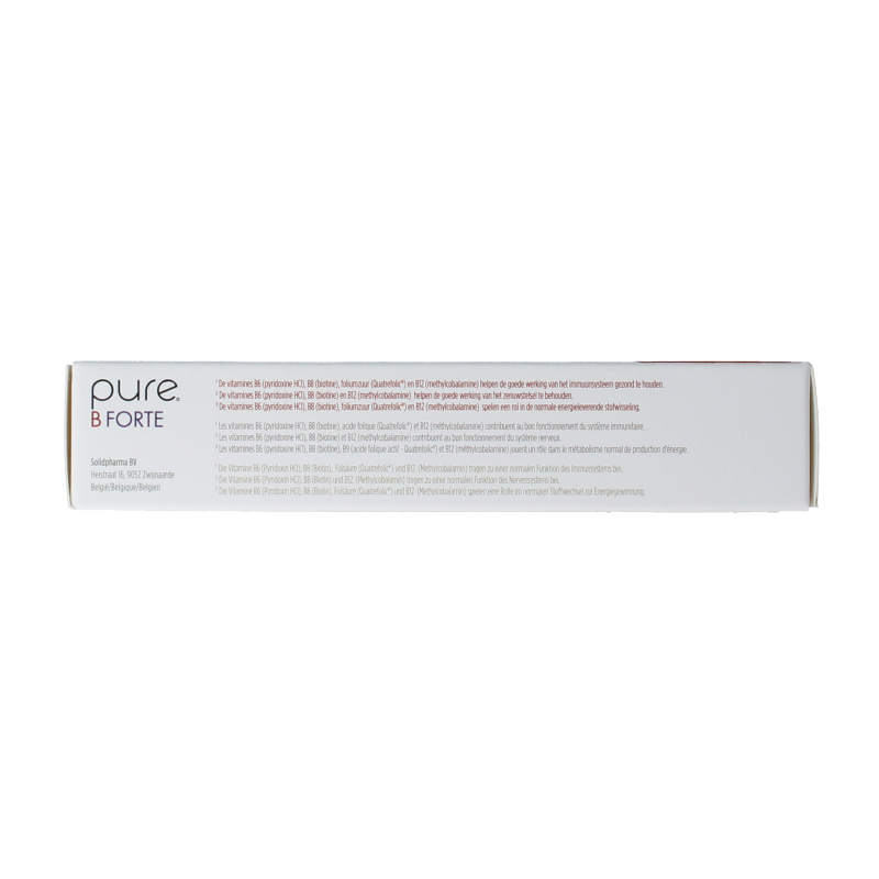 Pure B Forte vitamin supplement in a blister pack of 60 tablets, featuring white tablets with blue markings.