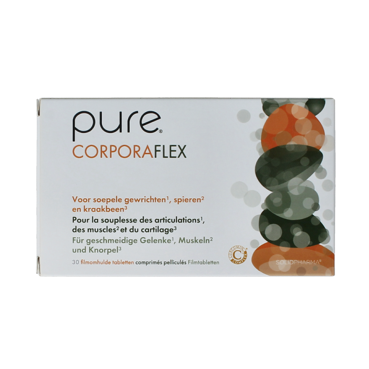 Pure Pure Corporaflex 30 tablets dietary supplement bottle with label displaying product name and branding.