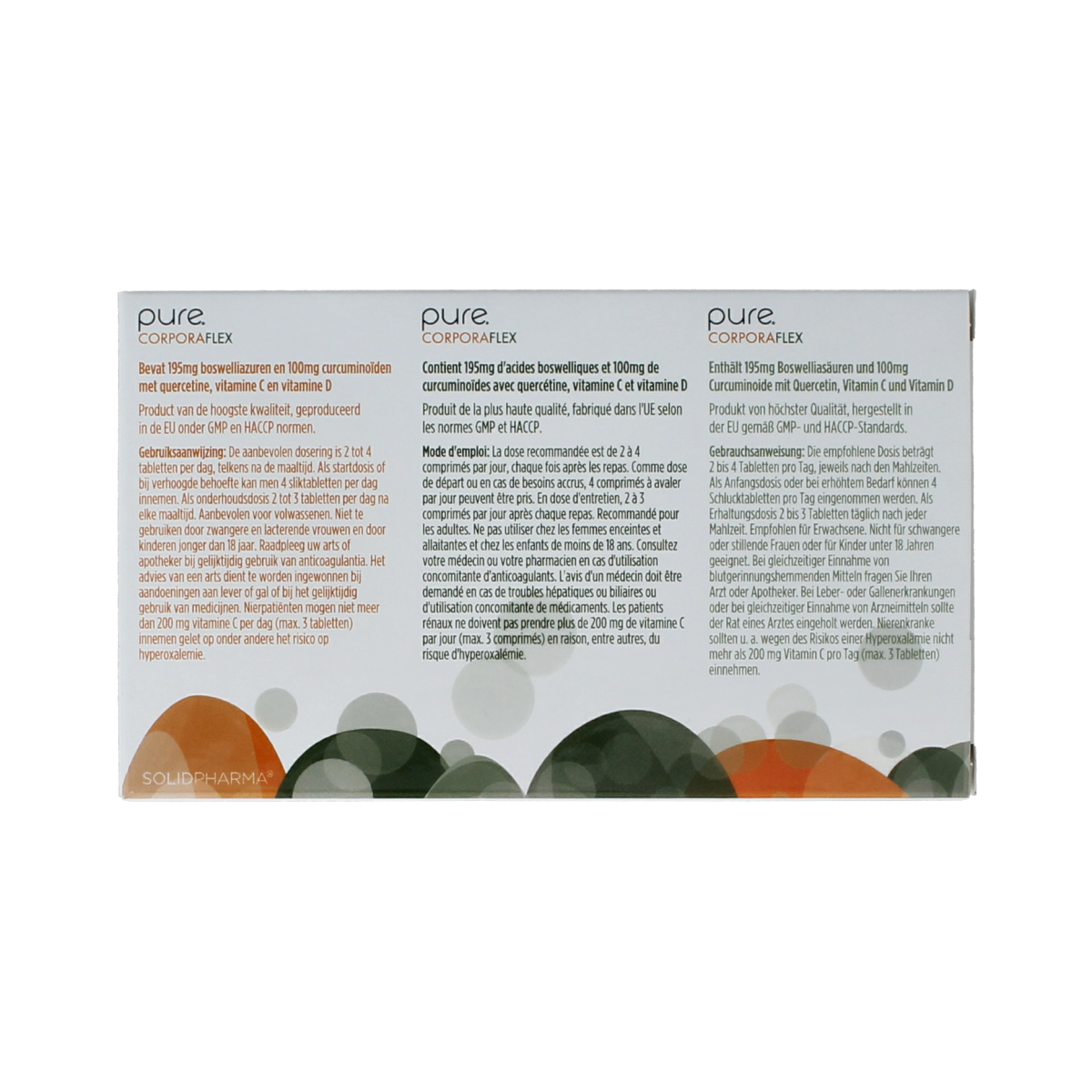 Pure Pure Corporaflex 30 tablets, dietary supplement with herbal ingredients, shown in blister pack for joint and bone support.