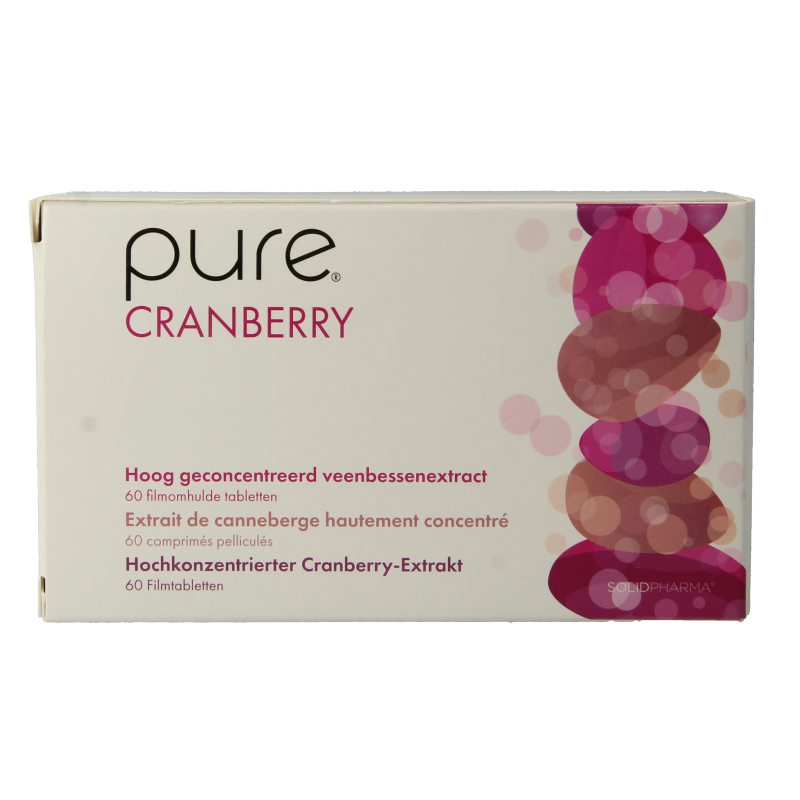 Pure Cranberry 500mg herbal supplement tablets, showing a bottle of 60 tablets with cranberry fruit images on the label.
