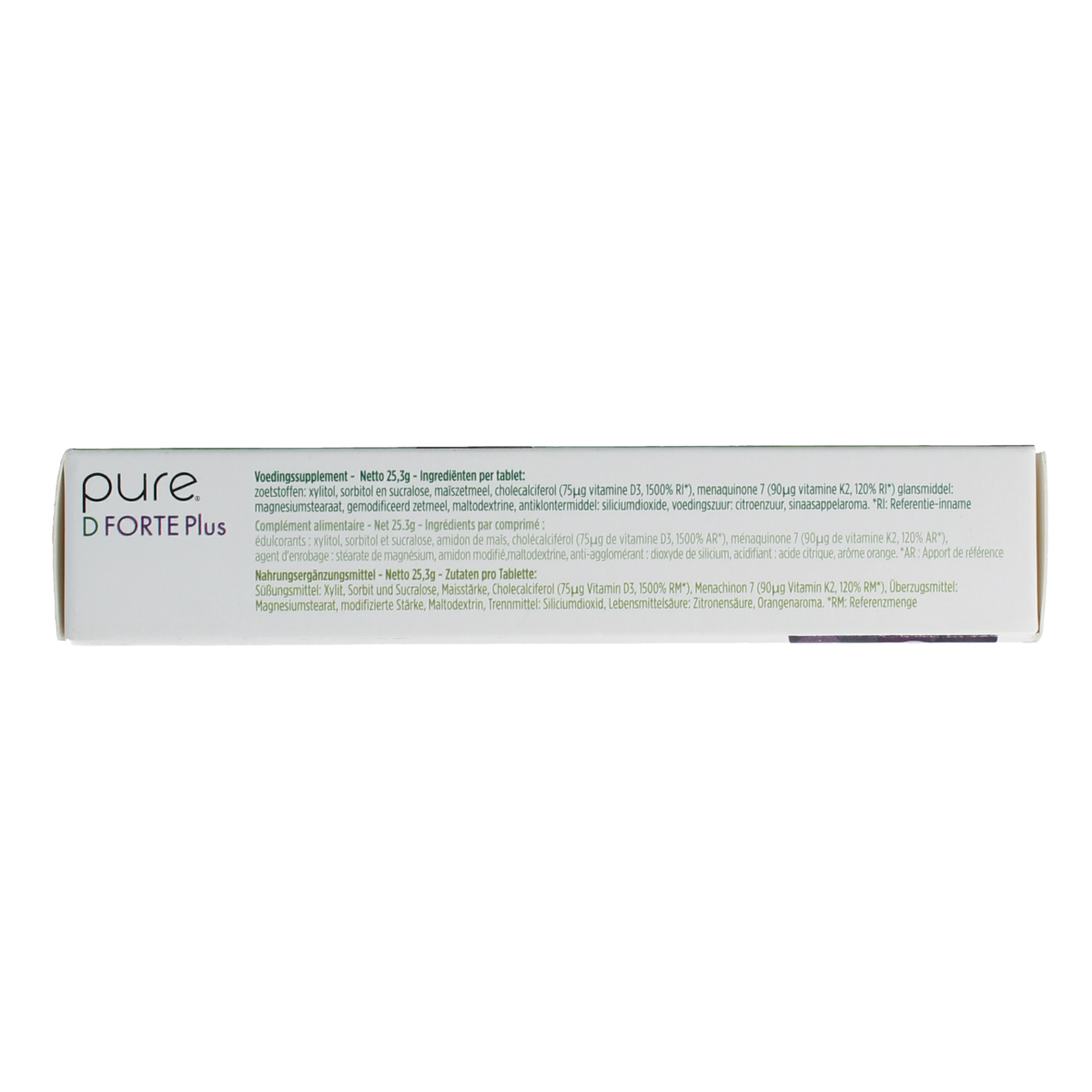 Pure D-forte plus vitamin tablets bottle, showing 60 tablets in a natural light, with white packaging and label details.