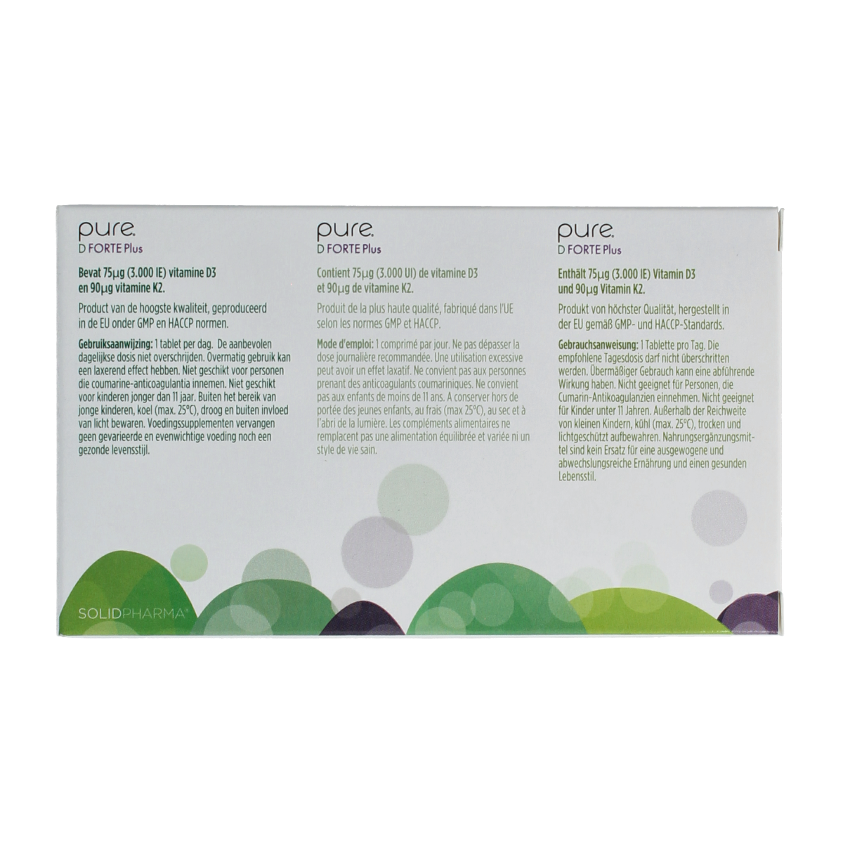 Pure D-forte Plus vitamin tablets in a bottle, showing the packaging and tablet details for healthy daily supplementation.