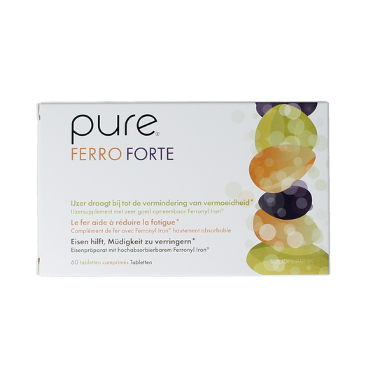 Pure Ferro Forte mineral tablets in a blister pack, showing the white tablets used for iron supplementation.