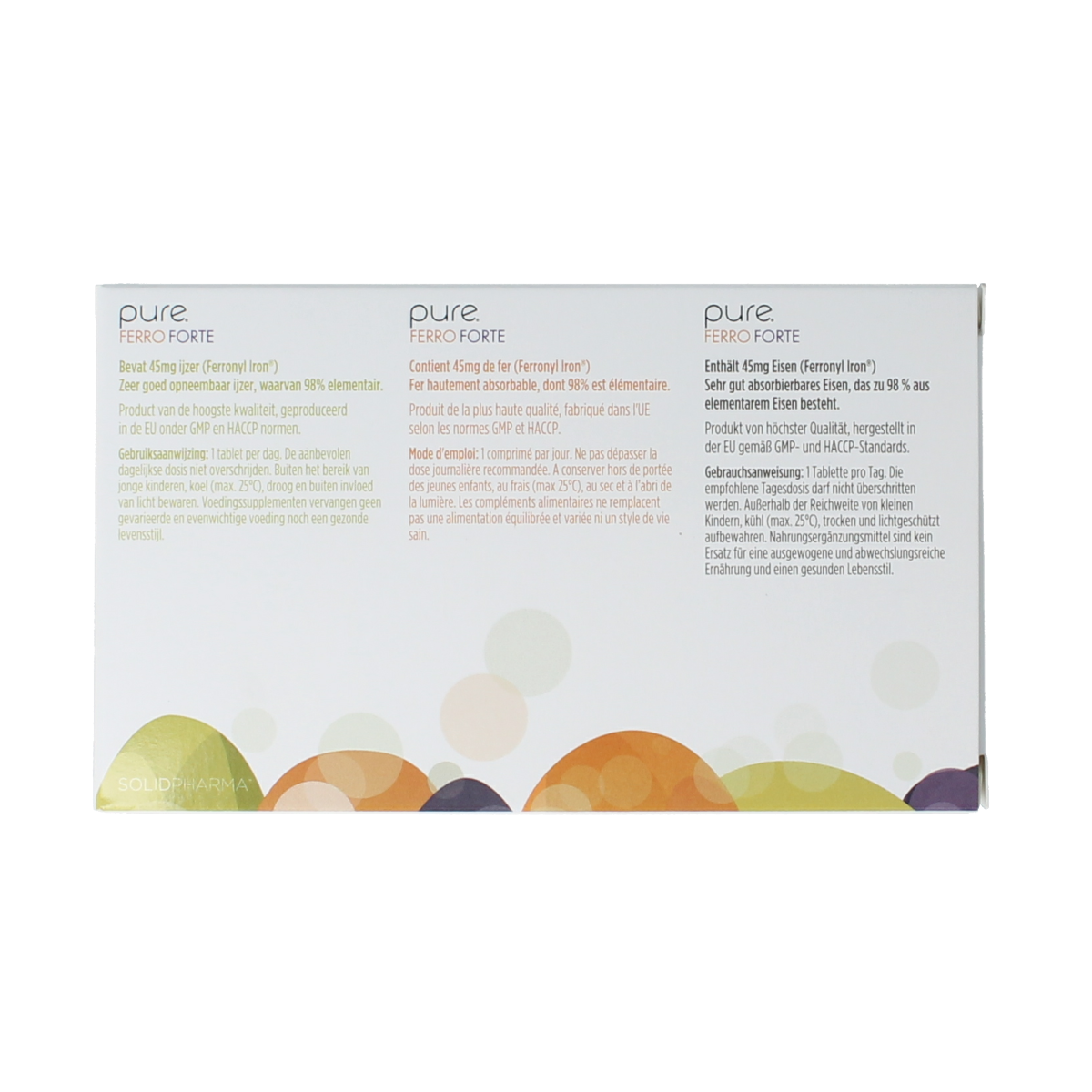 Pure Ferro Forte mineral tablets in a bottle, showing the white round tablets for iron supplementation.