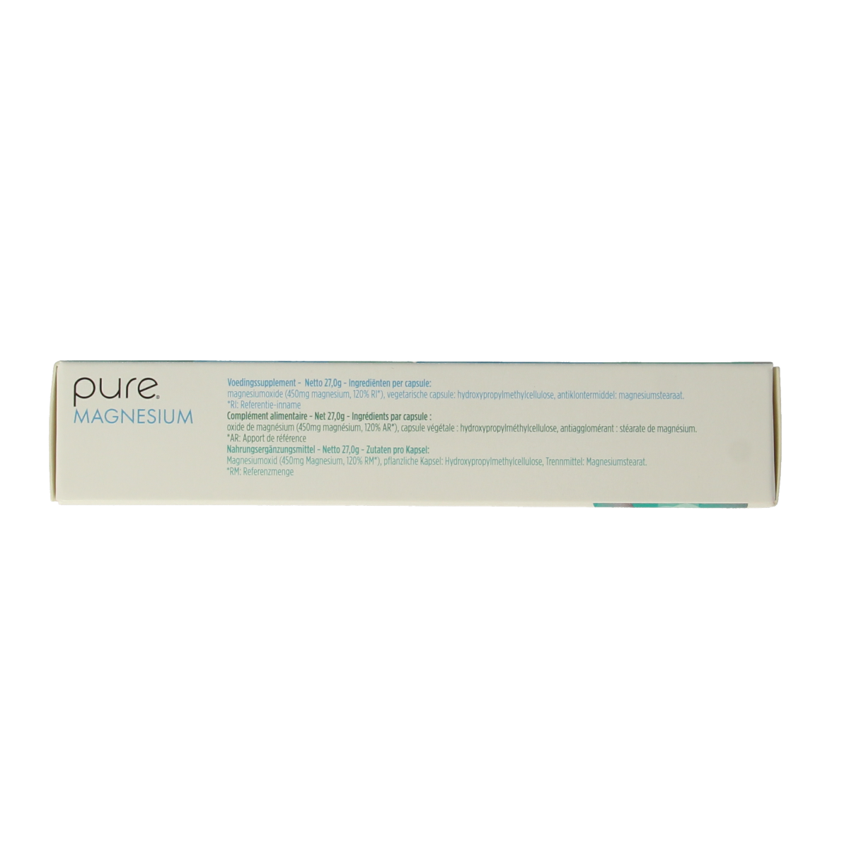 Pure Magnesium 30-capsule bottle, mineral supplement by Pure, featuring white capsules and clean label design.