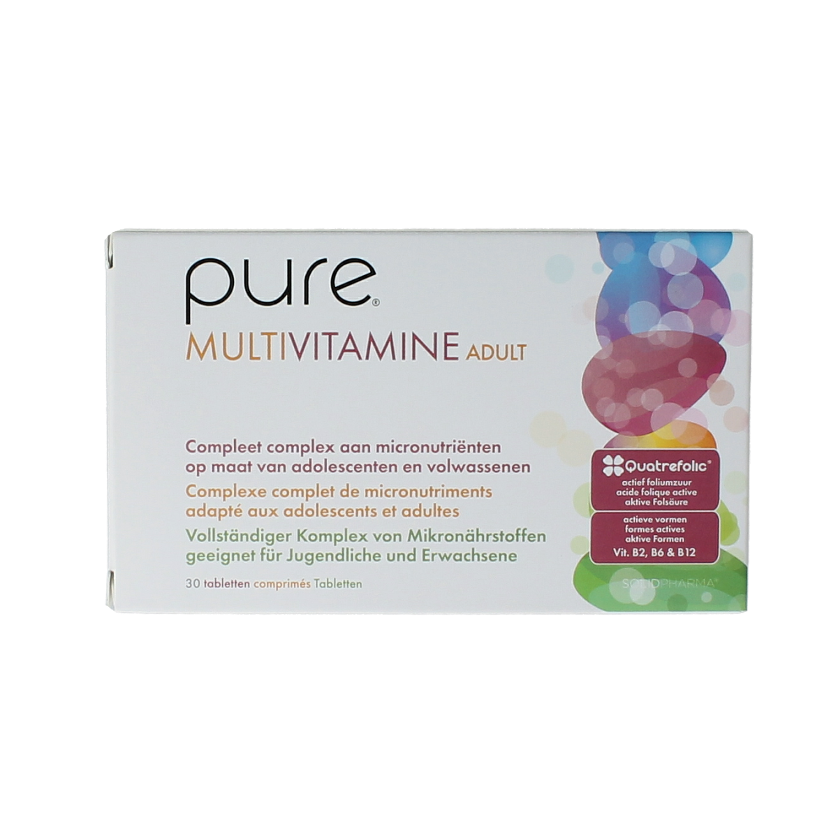 Bottle of Pure multivitamin tablets for adults with 30 tablets, featuring colorful label and product details.
