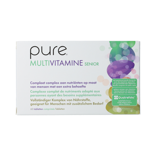 Pure Multi Vitamin Senior tablets in a bottle, showing the supplement's packaging and label for age-appropriate nutritional support.