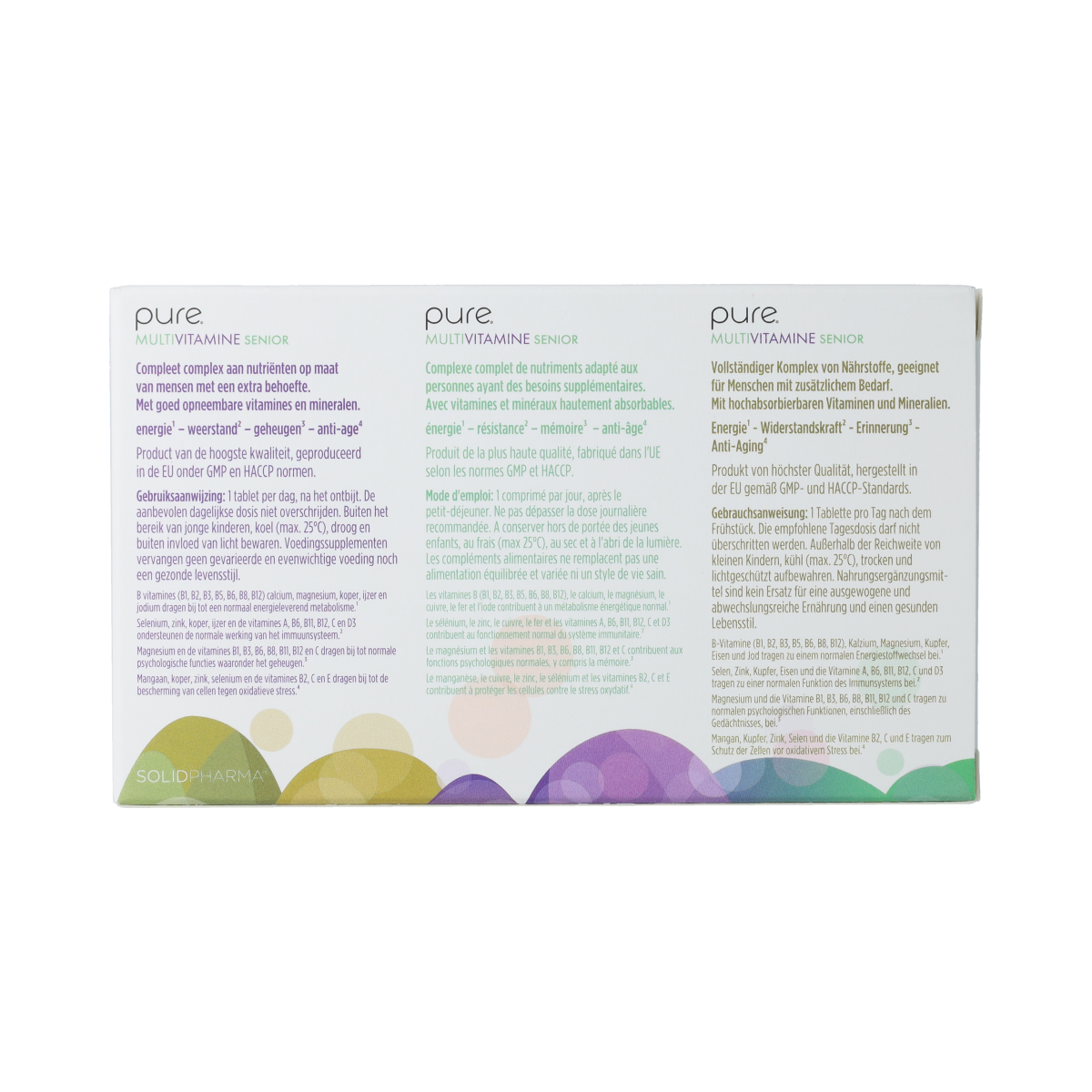 Pure Multi Vitamin Senior supplement with 60 tablets, featuring a colorful bottle and label indicating multivitamin benefits for seniors.