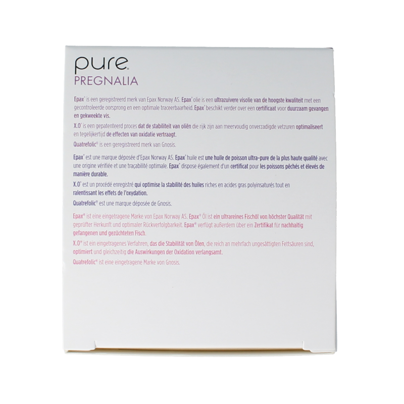 Bottle of Pure Pregnalia multivitamin supplements with 60 capsules, showing the product label and capsule images.
